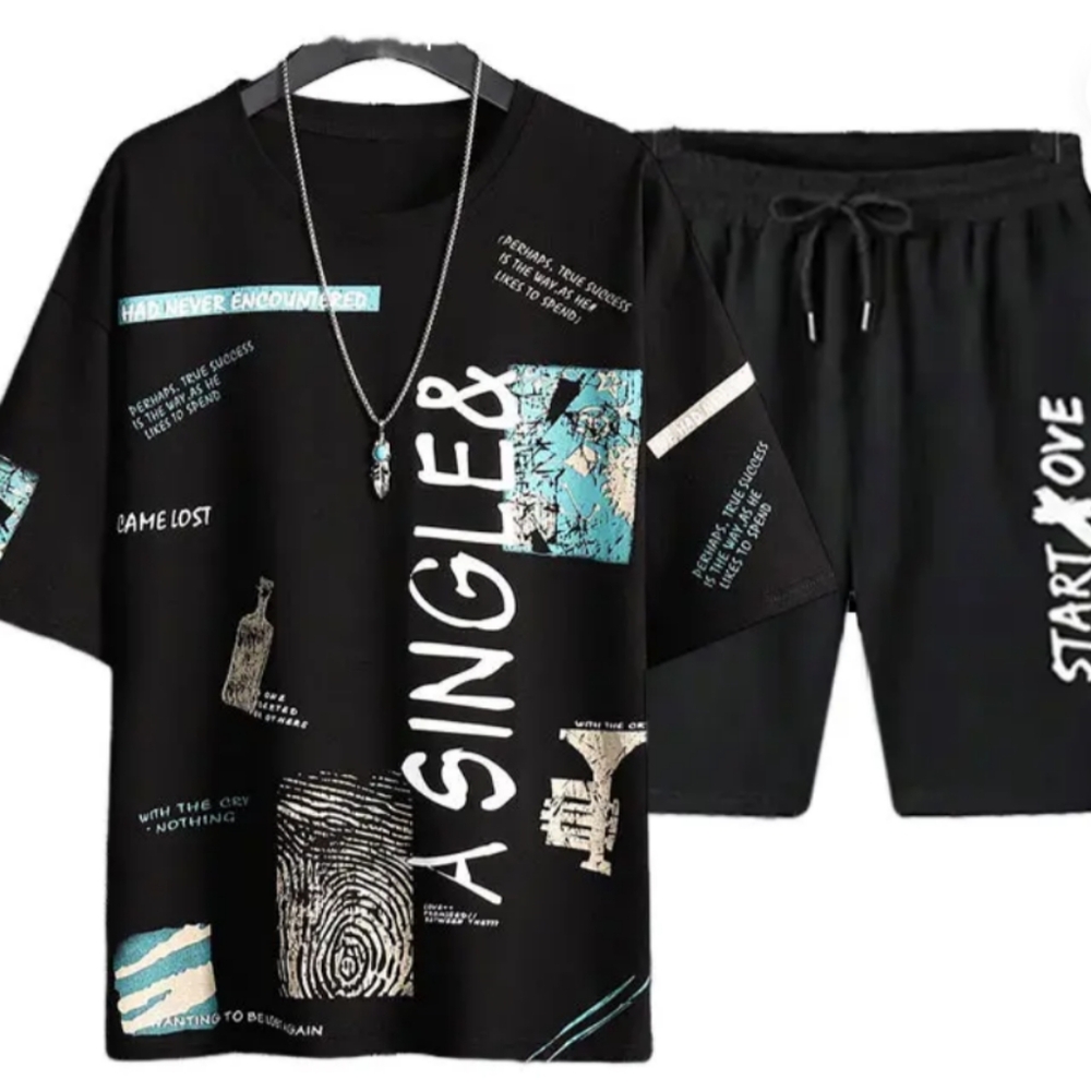 Black Graphic T-Shirt and Shorts Set
